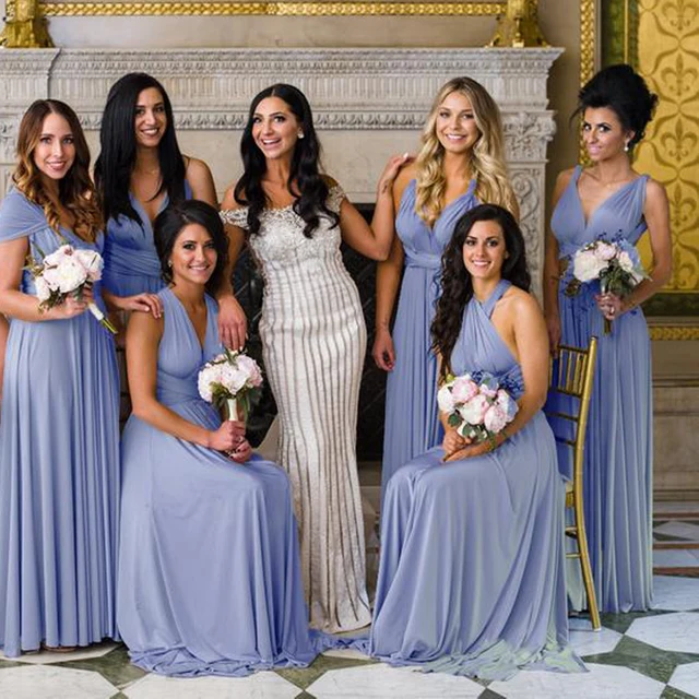 Best Offers Dusty Blue Spandex Convertible Bridesmaid Dresses Multi-way Elastic Waist V Neck Sexy A Line Floor Length Dress