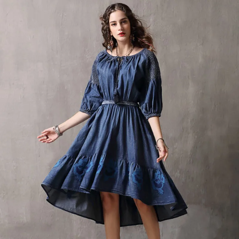 Été Automne 3 Vintage Robes 2018 4 Bleu Denim Manches Irrégulière wON80vnymP