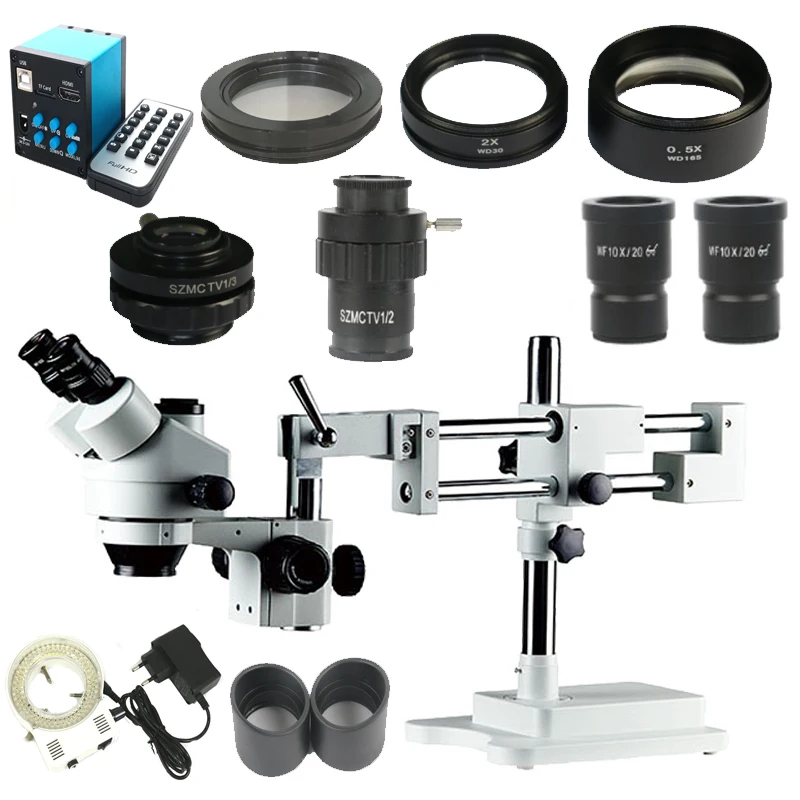 

3.5X-90X Double Boom Stand Stereo Simul Focal trinocular Microscope+14MP Camera +144pcs Led Microscope for industrial PCB repair