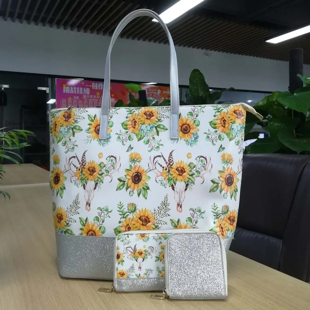

Glitter Bullskull Handbag Set Wholesale Blanks Faux Leather Sunflower Purse Set with Match Wallet DOM1061278