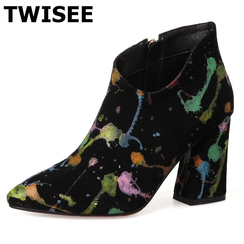 TWISEE Cow Suede platform increased thick extreme high heel women ankle boots zip boot work 