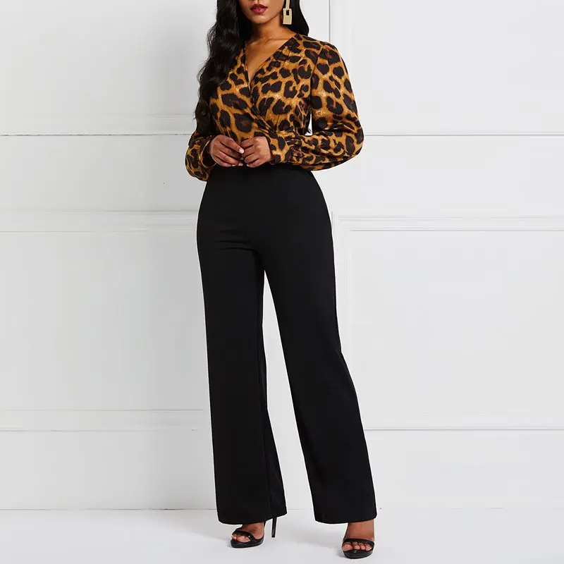 

Leopard Sexy Jumpsuit Women Romper Long Sleeve Fall Office Vintage Fashion African Ladies Casual Long Jumpsuits High Waist Pants