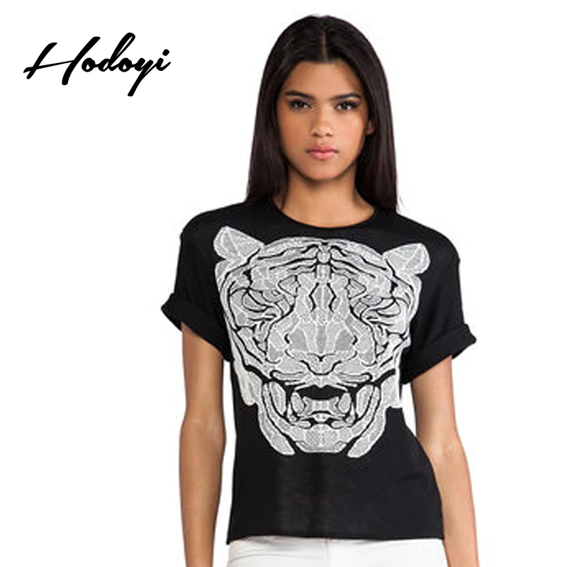 Hodoyi Apparel Solid Color Women T shirt Tiger Printed Crew Neck Casual Female Tees Short Sleeve