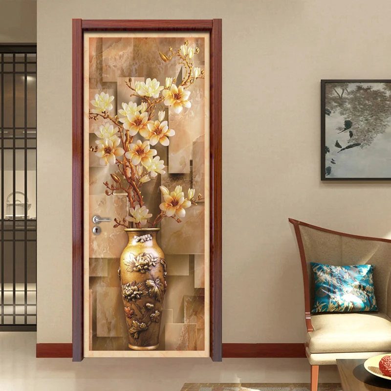 3D Stereoscopic European Magnolia Vase Mural Wallpaper PVC Waterproof Self-adhesive Bedroom Living Room Decoration Door Sticker