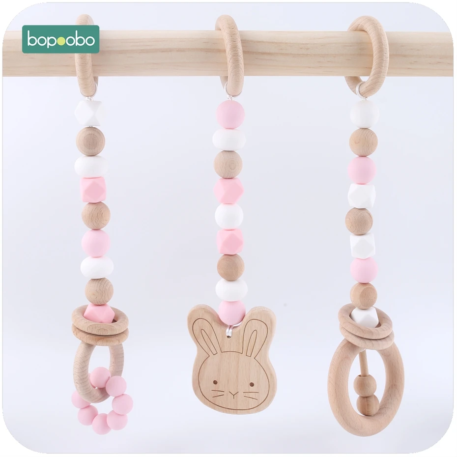 

Bopoobo 3pc Beech Rabbit Teething Wooden Ring Silicone Beads Baby Toys Play Gym Shower Gift Teethers Rattles Montessori Toys