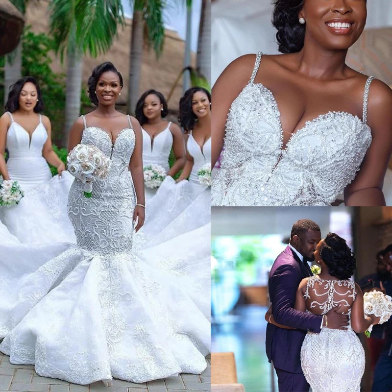 

2019 Luxury Mermaid Wedding Dress Beading Wedding Gowns Spaghetti Straps robe de mariee Black Girl Women Bride Dress Handmade