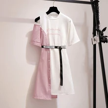 Летнее лоскутное платье-рубашка, женское корейское платье Ulzzang с открытыми плечами, уличная одежда с поясом размера плюс, платье из двух частей