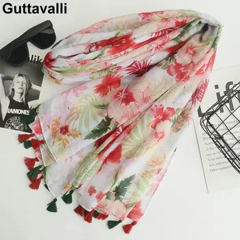 

Guttavalli Women National Nice Flowers Cotton Tassel Long Shawl Female Chevron Colorful Wrap Sunscreen Floral Soft Totems Scarf