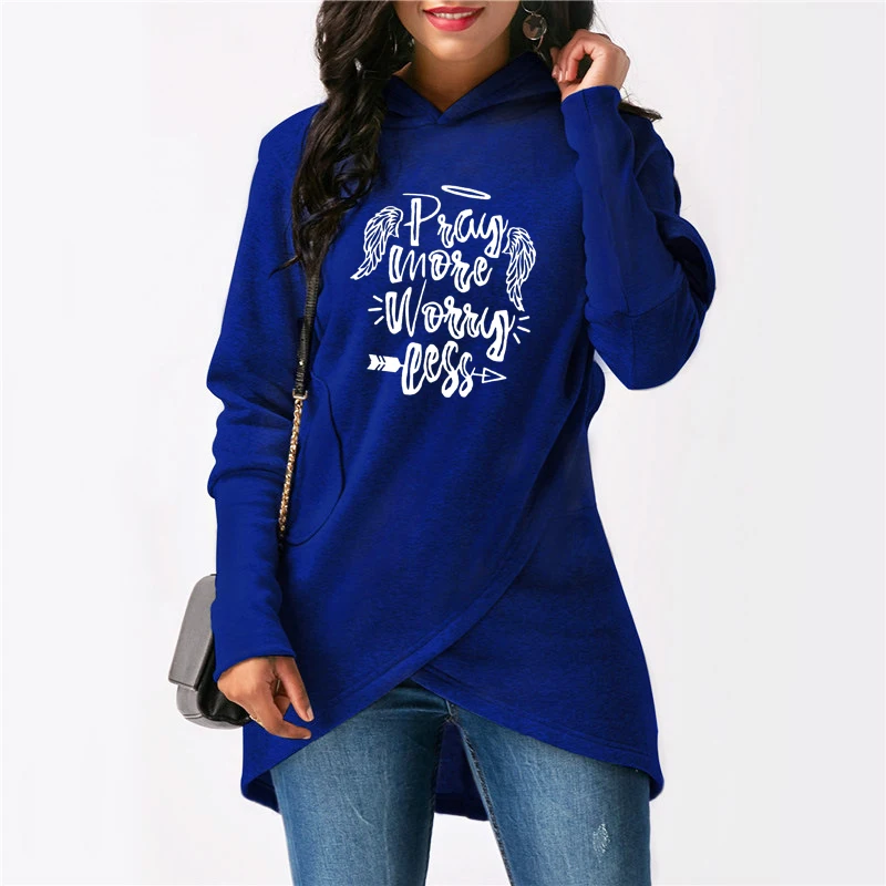 

Pray More Worry Less Print Hoodies Women Irregular Sweatshirts Femmes Angel Wing Printing Prayer Gift Sweet Long Sleeve Tops