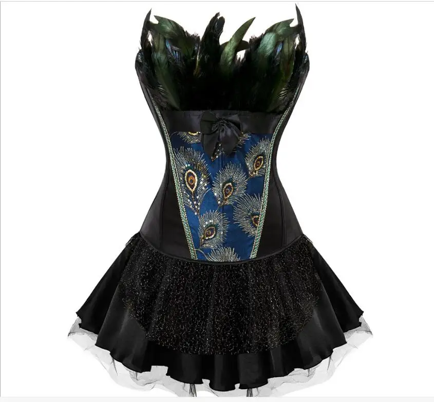 6XLfeather corsets dress bustiers tops peacock embroidery brocade burlesque halloween overbust
