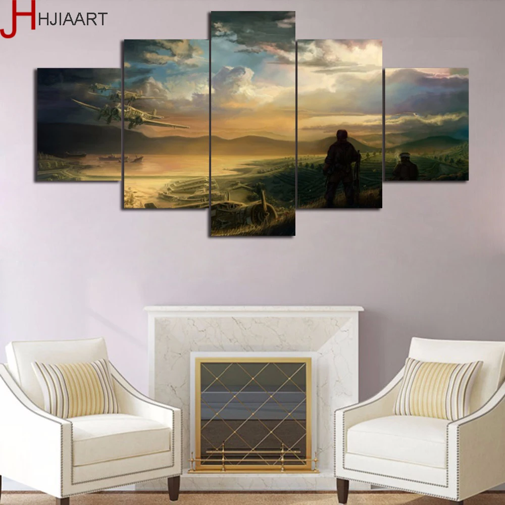 Painting Airplane Aircraft Wall Art 5 Panel Canvas Poster Prints Modern American Soldiers Artwork Pictures for Living Room | Дом и сад