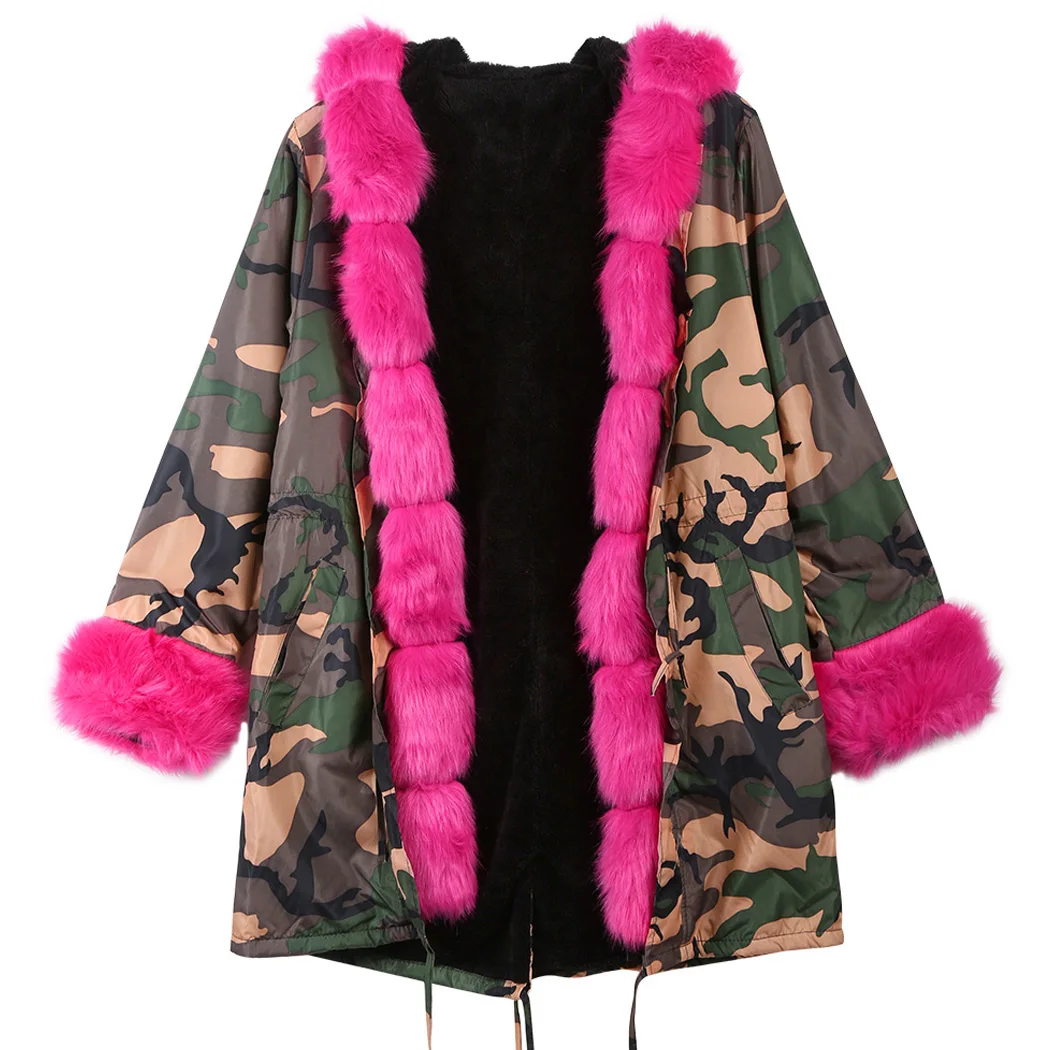 Женская Камуфляжная парка, розовое длинное пальто с воротником из искусственного меха, камуфляжное пальто, Зимняя Толстая теплая меховая куртка с капюшоном, верхняя одежда 5XL - Цвет: Hot Pink