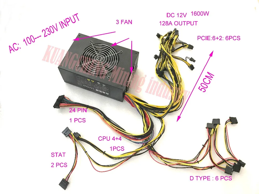 Высокая мощность Золотая переводная питания Eth шахтеров PSU (с riser 1) 12 В 128A выход. В том числе ЕС кабельные разъемы 6 GPU карты