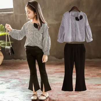 

Back To School Clothing Teen Girl Top And Pants Set Autumn 2019 Bow Fall Girls Outfits Black Striped Children Clothing Suits