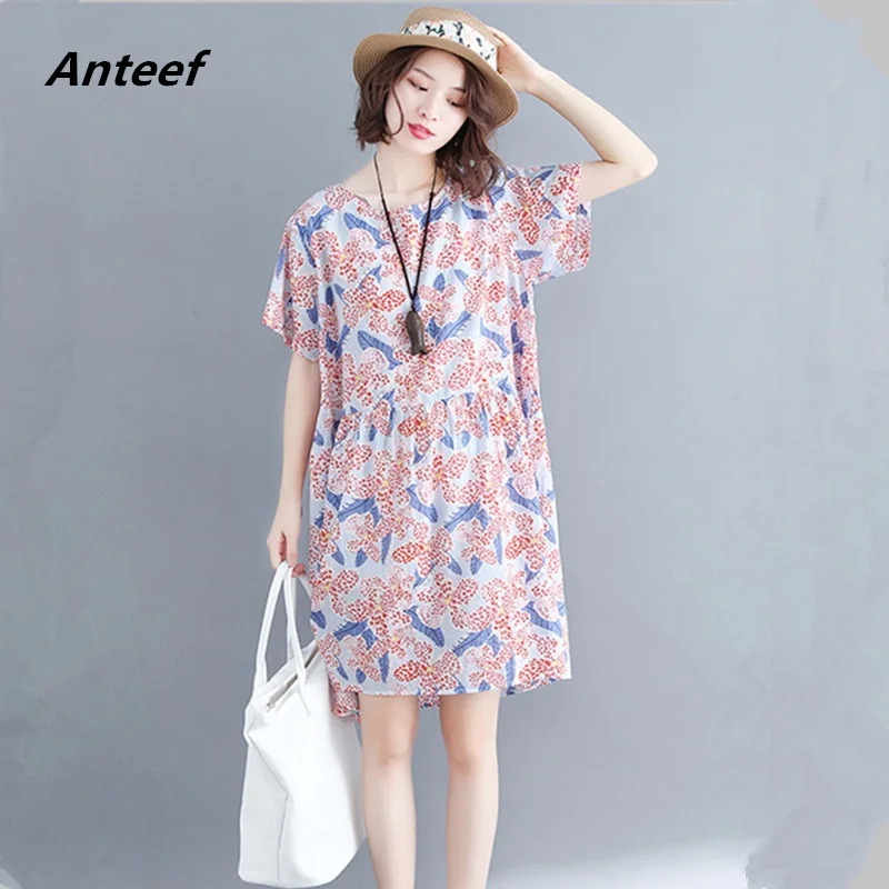 cotton linen vintage floral plus size women casual loose midi summer