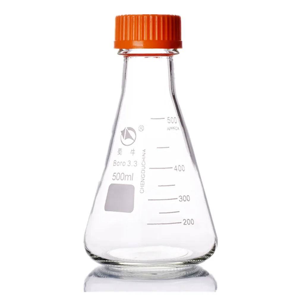 

500ml,Glass Erlenmeyer Flask Yellow Plastic Screw Cap,Lab Conical Reagent Bottle