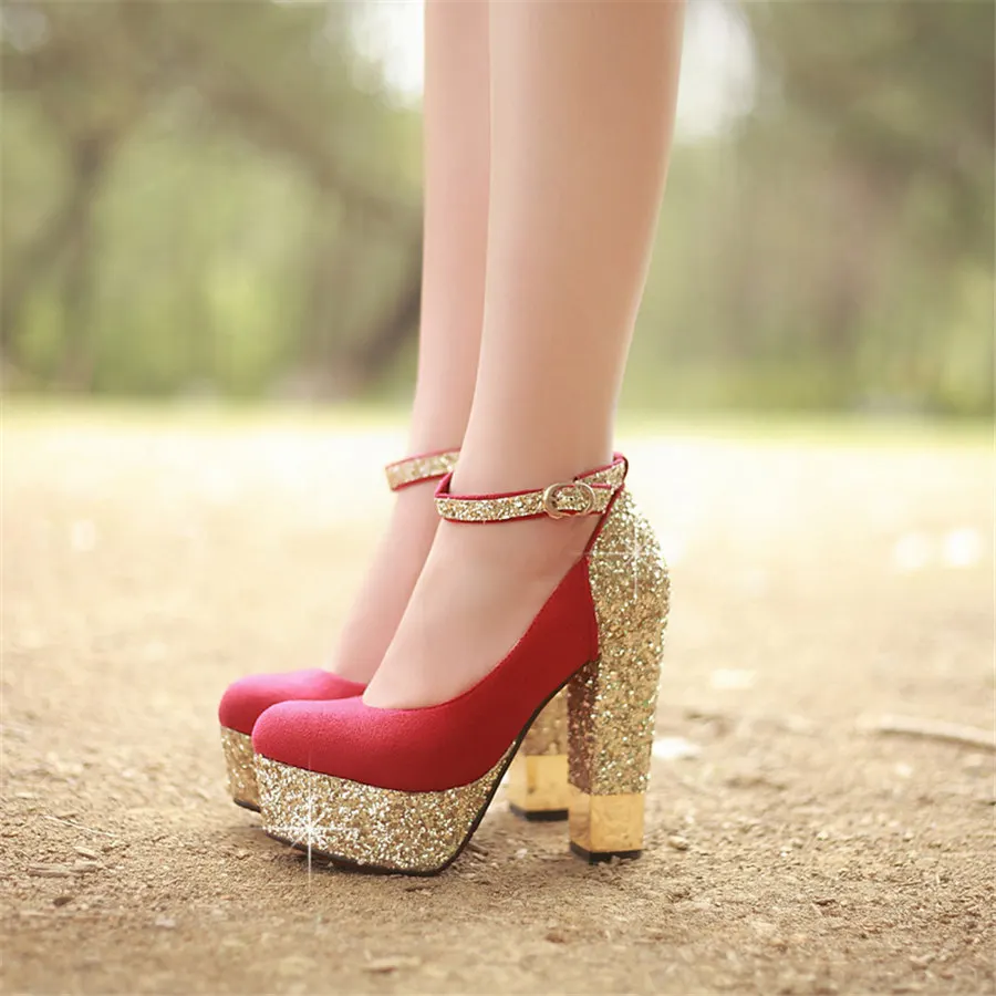 Качественные женские туфли-лодочки на платформе из флока, расшитая блестками ткань, красная подошва, на очень высоком каблуке, шикарная женская обувь для офиса, свадьбы, вечеринки, с ремешком на лодыжке