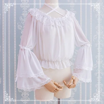 

2019 Promotion New Lolita Daily Summer Chiffon Dress Sleeve Blouse Inside Take Her Lovely Word Collar Hanging Neck Shirt