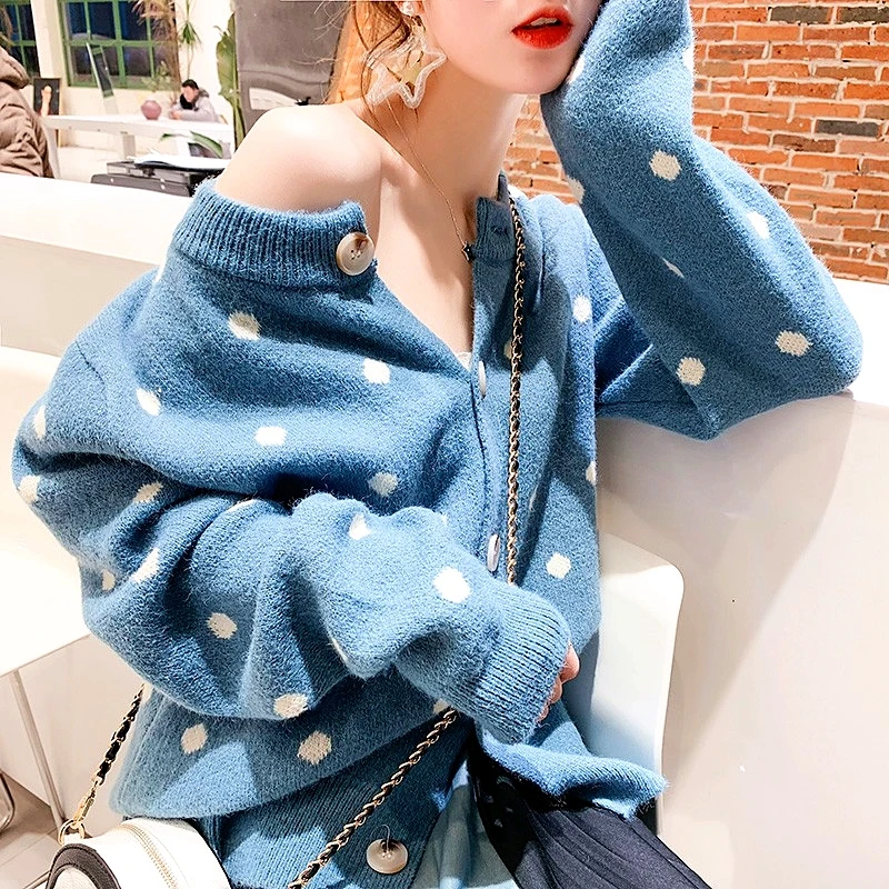 

Polka Dot Women Knitted Cardigan Spring Autumn Casual Knitted Sweater Coat Single Breasted Outwear Female Sweater Women SL432