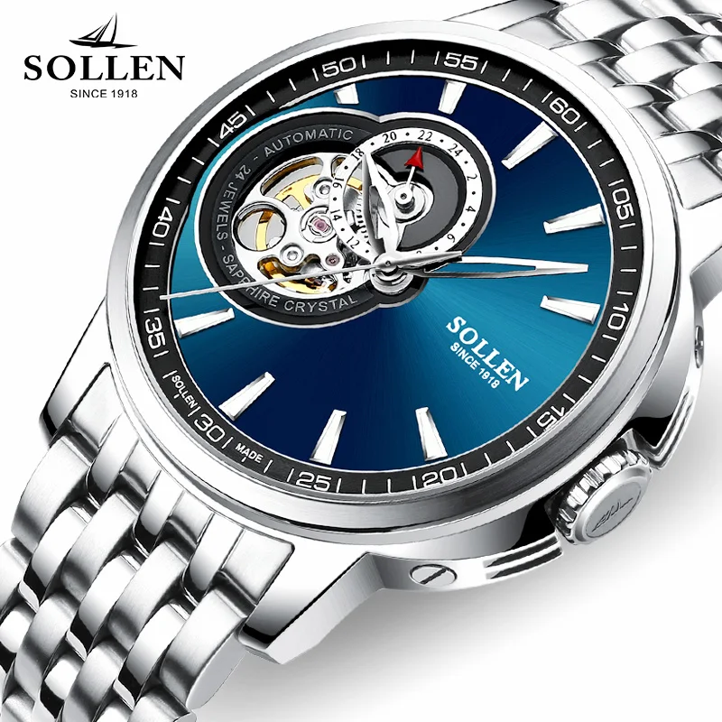 

SOLLEN Mechanical Wrist Mens Watch Top Brand Luxury Automatic Clock Men Stainless Steel Skeleton men wristwatches Reloj Hombre