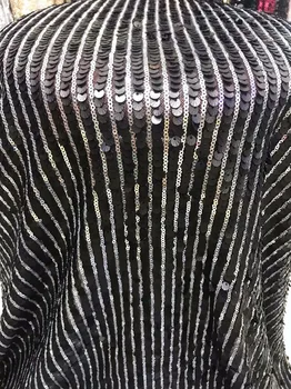 

African Lace Fabric Sequins Net Lace Noble Stripe Sequins Fabrics High Quality African Black Tulle Sequins Lace Fabric YYZ03558