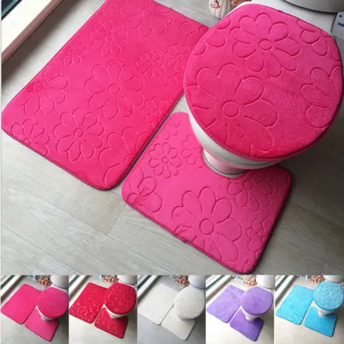 

3PCS Bathroom Non-Slip Pedestal Rug + Lid Toilet Cover + Bath Mat Washable Set