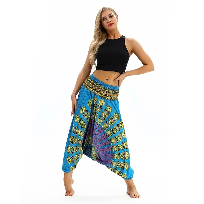 capri dress W-Yunna Ladies Women Beach Pants Trousers Boho Gypsy Hippie Women Wide Leg Harem Peacock Feather Print Elastic Pants Trousers plus size clothing