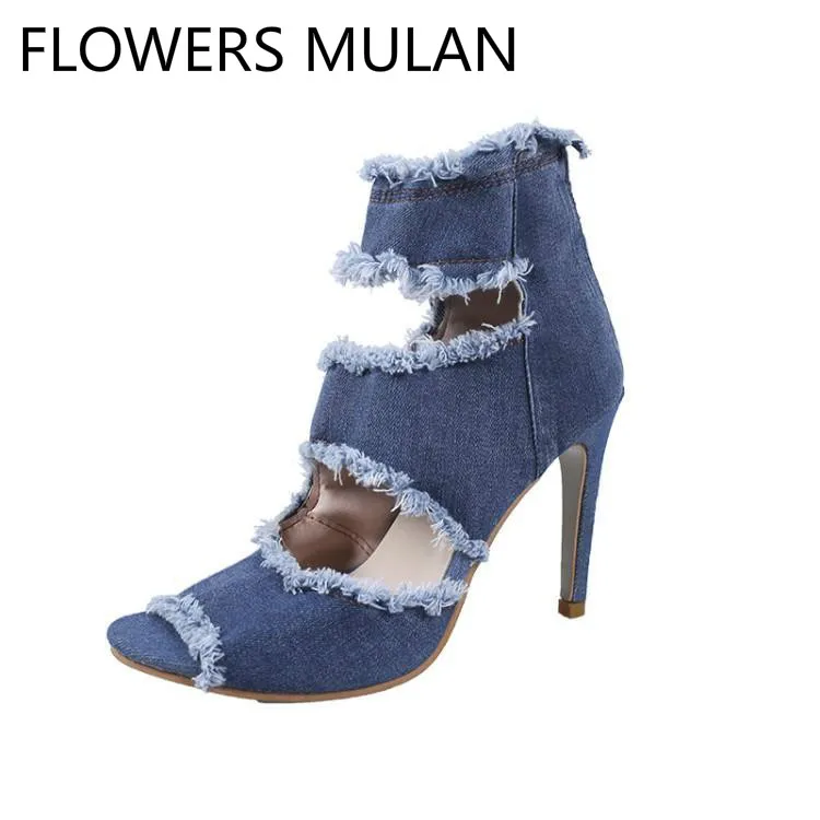 

Fashion Blue Denim Womens Shoes Peep Toe Retro Cut-outs High Top Ladies Shoes High Heels Female Stiletto Back Zipper Gladiators