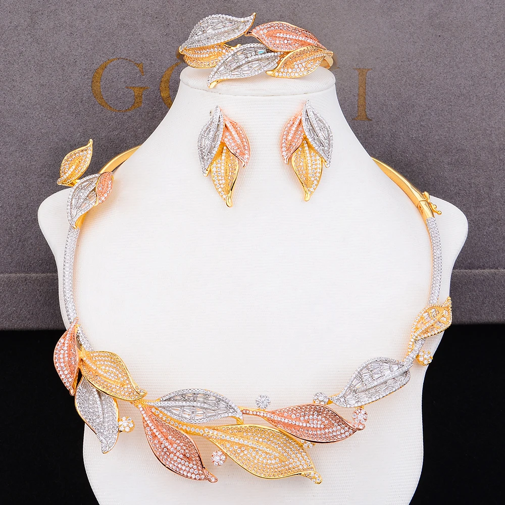 

GODKI Luxury Leaf Flower 4pc Statement Big Choker Jewelry sets For Women Wedding African Cubic Zircon CZ Dubai Bridal Jewelry
