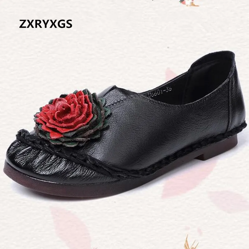 

ZXRYXGS Brand Shoes Soft Bottom Non-slip Hand-sewn Flowers Women Flat Shoes Fashion Shoes 2019 New Spring Genuine Leather Shoes