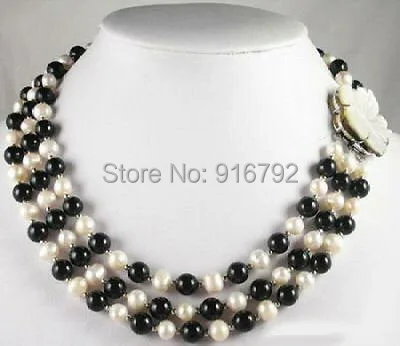 

YH@CS >>3 Rows Real White Pearl Black Agate Shell Flower Clasp Necklace