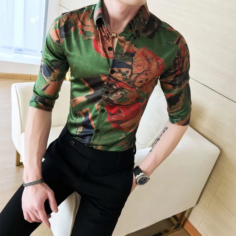 

Design Shirts Men Korean Half Sleeve Fashion Dress Shirt Camisa Masculina Casual Slim Fit Green Shirts Streetwear Club Shirt