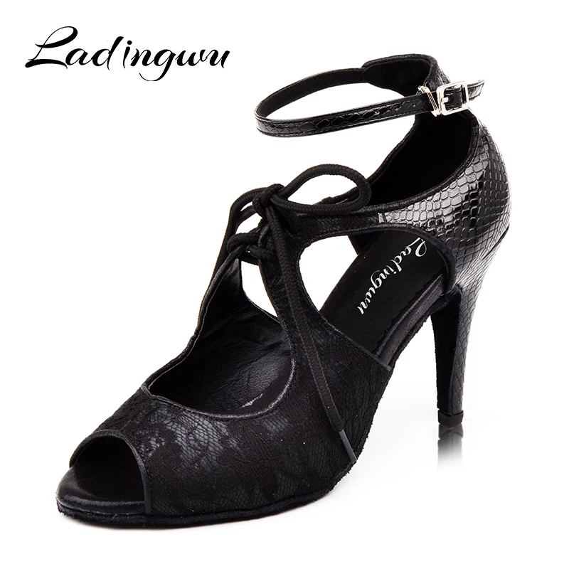 

Ladingwu Women Dance Shoes Latin Salsa Dancing Shoes Black Ballroom Soft Bottom Dance Sandals 2018 New Lace Snake texture PU