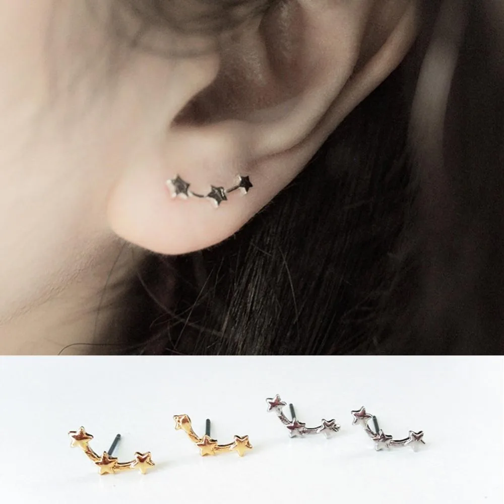 

New Shiny Three Stars Stud Earrings For Women Girls Gold/silver-color Star Fashion Jewelry Hot Sale Wholesale Gift
