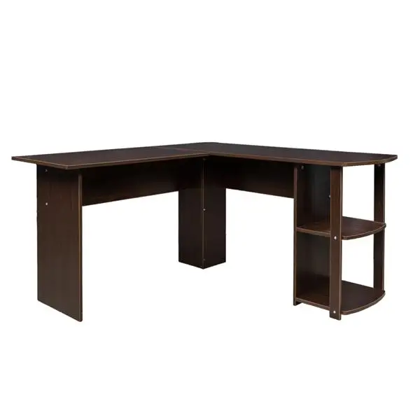 

L-Shaped Wood Right-angle Computer Desk with Two-layer Bookshelves Dark Brown