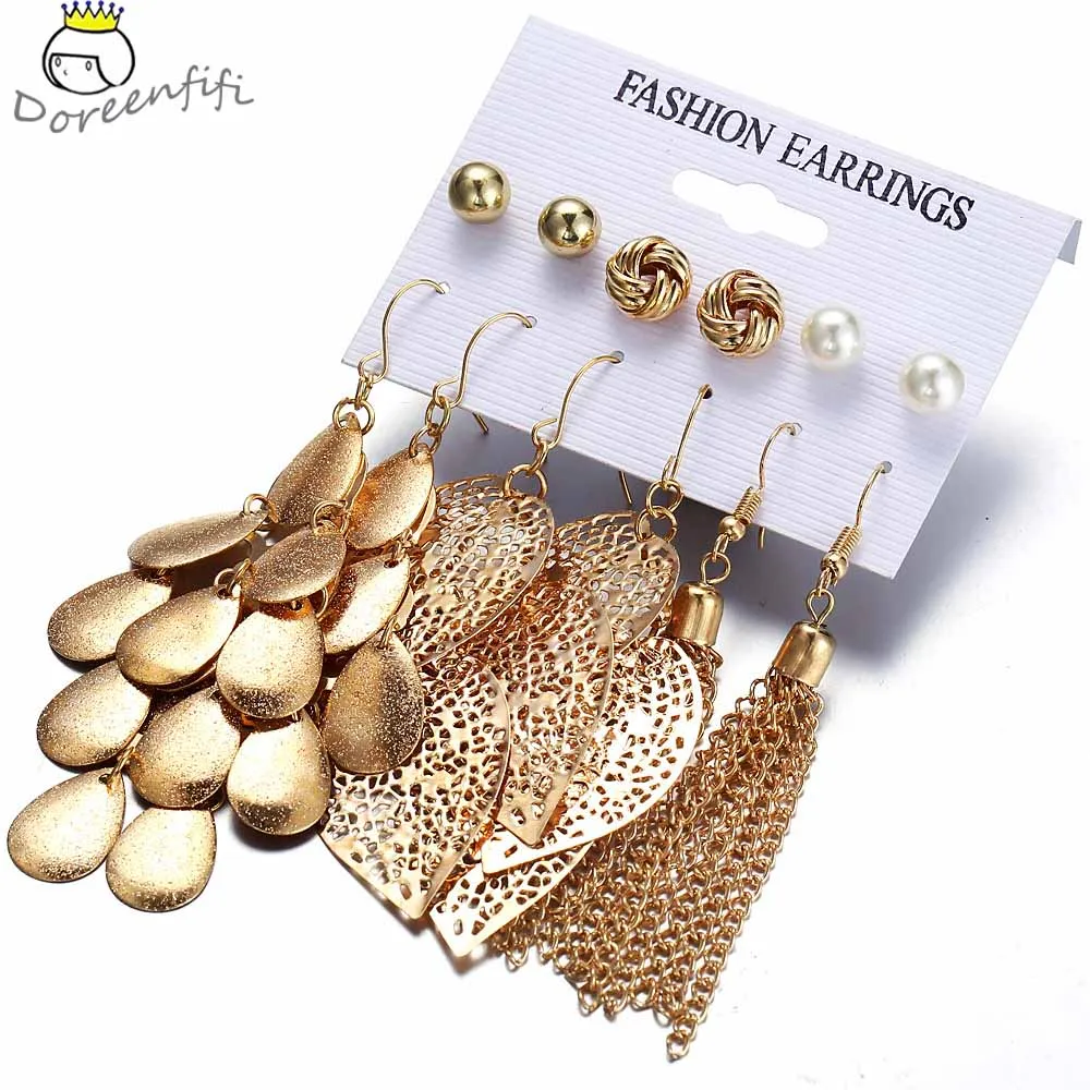 

6 Pairs/set Pearl Earrings Set Leaf Long Tassel Drop Dangle Earrings Gold Color Jewelry for Women Brinco Aretas Mujer 2019