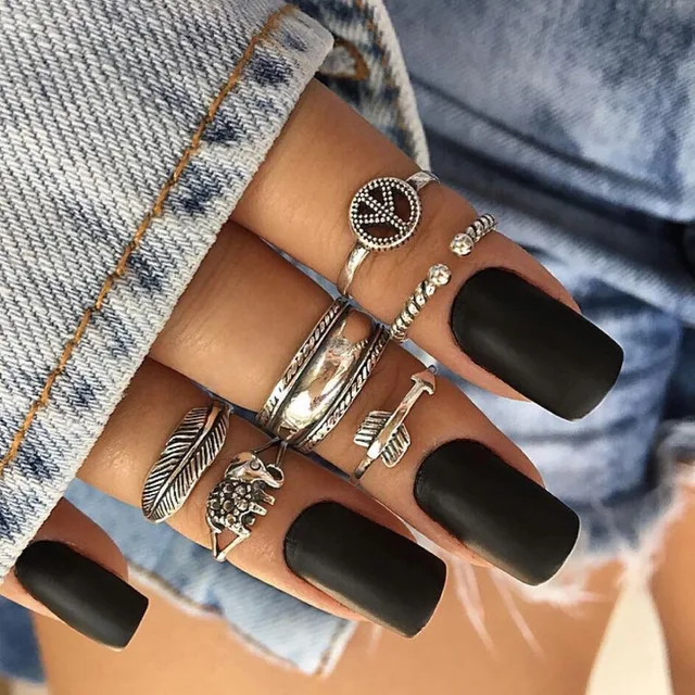 WLP Elephant Midi Rings Set Vintage Antique Silver Color arrow Peace Sign Arrow WLP Elephant Midi Rings Set Vintage Antique Silver Color arrow Peace Sign Arrow