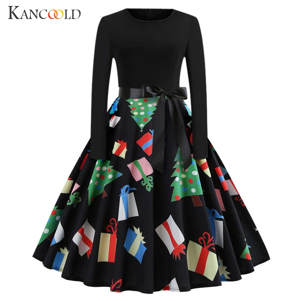 

KANCOOLD Dress Women's Vintage Print Long Sleeve Dress Christmas Evening Party Swing Mid-Calf Dress women 2018NOV30