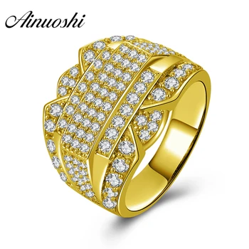 

AINUOSHI Luxury Wide Wedding Band 14K Solid Yellow Gold Ring Triple Layers Cluster Ring Wedding Engagement Gold Jewelry Men Ring