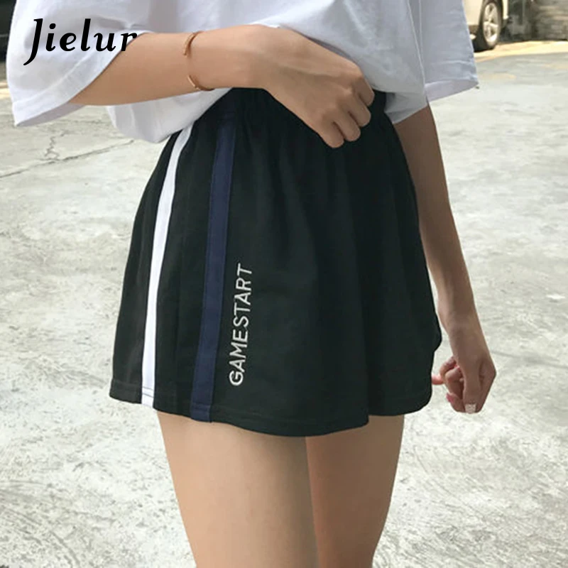 Jielur Side Stripe Letters Embroidery Elastic Waist Loose Shorts Feminino M-XXL Shorts Women Summer 2019 Black Spodenki Damskie