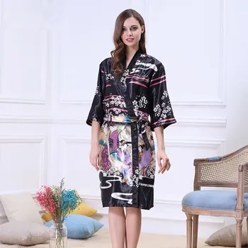 

Black Summer Women's Kimono Robe Bathrobe Sleepwear Female Faux Silk Bath Gown Nightgown Pyjamas Mujer Pijama Size S M L XL 017