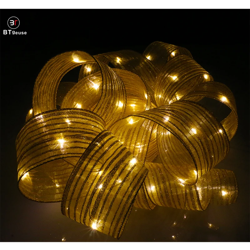 BTgeuse 2M 5M Organza Golden Striped Ribbon Lights for Bedroom Holiday Party Wedding Christmas and Garden Decoration Warm White BTgeuse 2M 5M Organza Golden Striped Ribbon Lights for Bedroom Holiday Party Wedding Christmas and Garden Decoration Warm White
