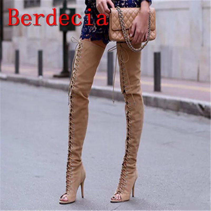 Berdecia Over-the-Knee Super High Thin Heels Solid Thigh High Boots Leather Peep Toe Cross-tied High Quality Gladiator Shoes