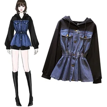 plus size women fat mm spring autumn bf wind splice Hooded jean jacket female denim Korean jacket women tide veste femme coat  