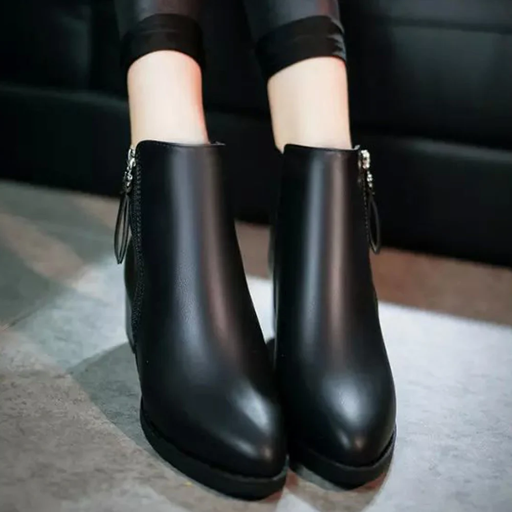 

Zipper Women Ankle Boots Solid Spring Autumn Casual Thick Middle Synthetic PU Warm Pointed Toe Wedge Heel Footwear