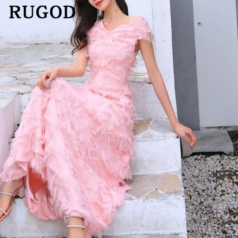 

RUGOD Elegant off sholder party dress women Vintage Tassel long maxi dresses vestidos ladies Fashion white summer dress 2019
