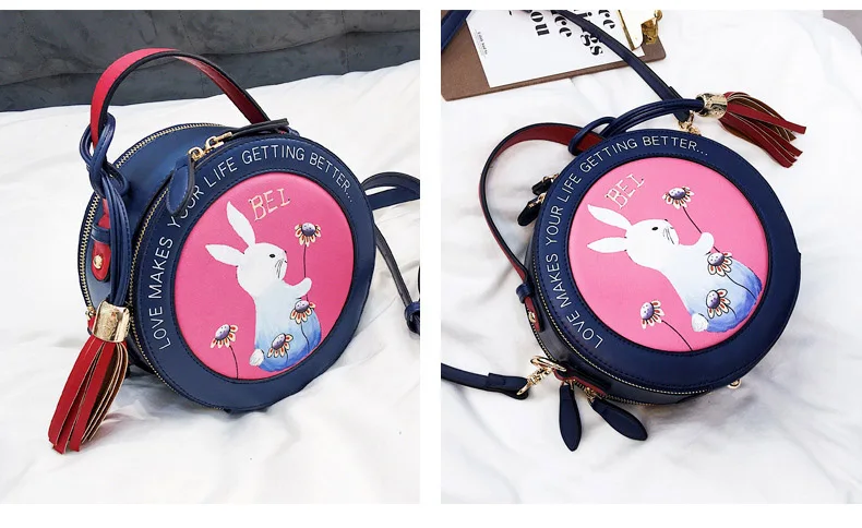 Rabbit Printing Bag Ladies Sweet Round Crossbody Bags Women Leahter Circle Handbags Girl Alice's Mini Black Blue Messenger Purse (3)