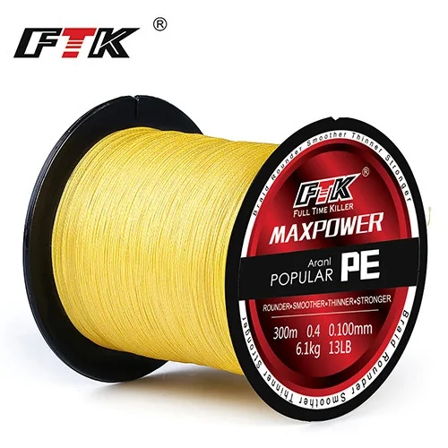 FTK, бренд, Tirposeidon, серия 300 м, PE плетеная леска, 0,4-6,0 код, 13-70LB, многофиламентная леска - Цвет: yellow300M