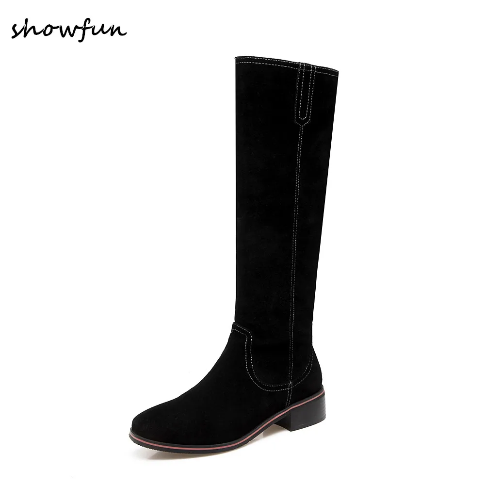 

Plus size women's genuine suede leather flats knee kngiht boots brand designer black winter slim long boots comfort shoes hot