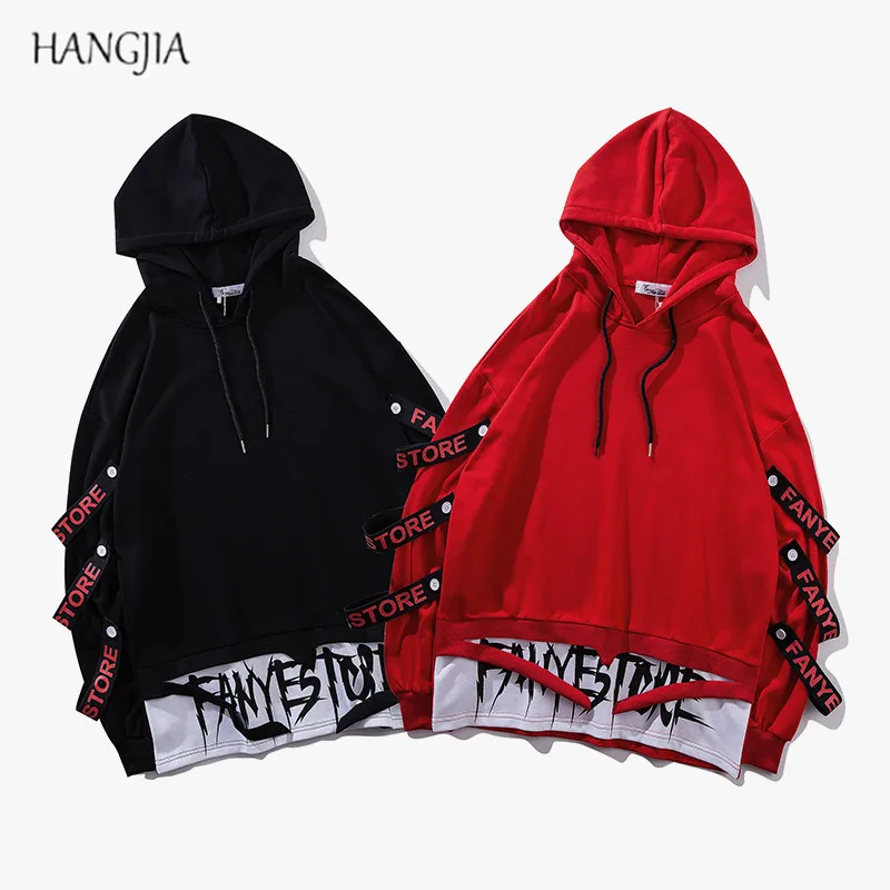 

New Ulzzang Stitching Ribbon Sweatshirt Autumn and Winter Hip Hop Letter Printing Irregular Cut Hooded Long-sleeved Pullover Men